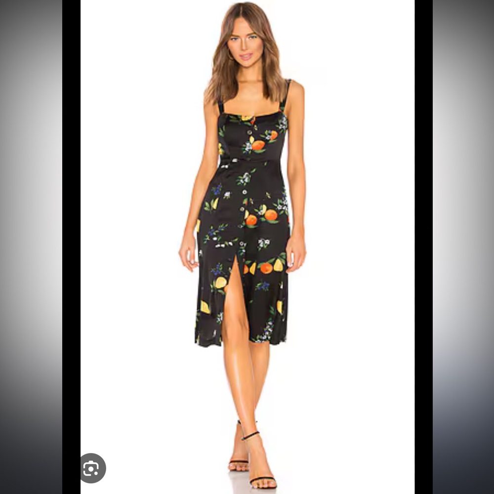 Capulet Sunny Black Midi Dress with Floral and Fruit Patterns